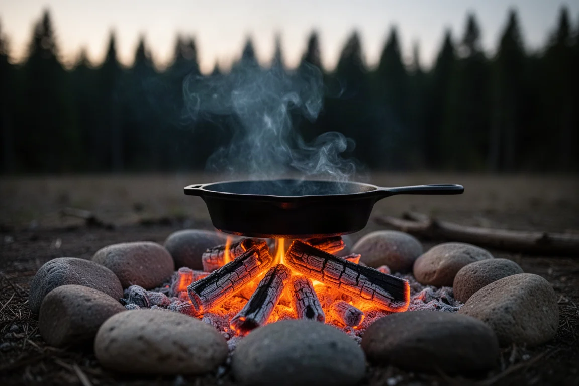 Draufsicht auf flach ausgelegte Camping-Kochausrüstung, darunter eine kleine Pfanne aus Gusseisen und ein Deckel