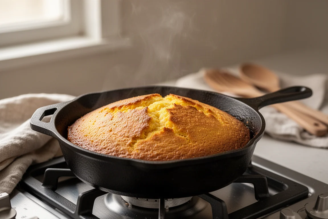 Pieczona cornbread w żeliwnej patelni ze złotobrązową skórką