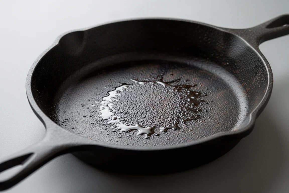 Zbliżenie na chropowatą powierzchnię żeliwnej patelni