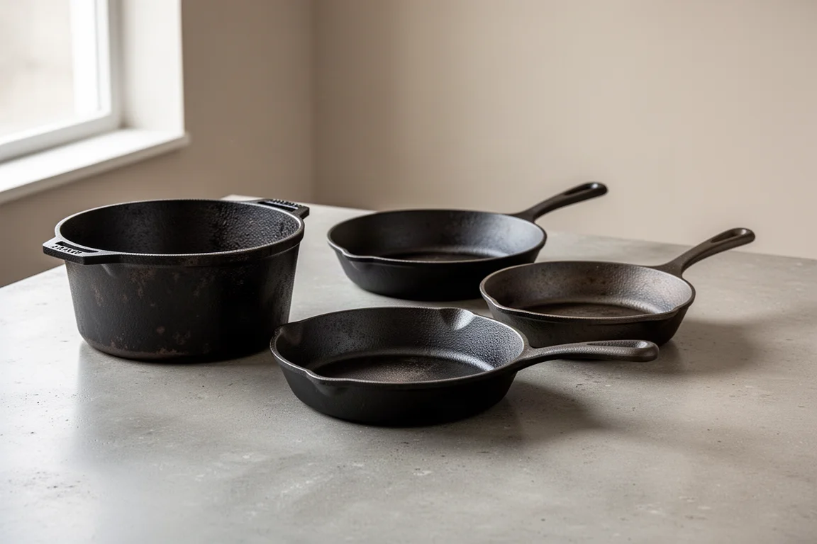 Four cast iron skillets arranged in a row on a concrete kitchen counter