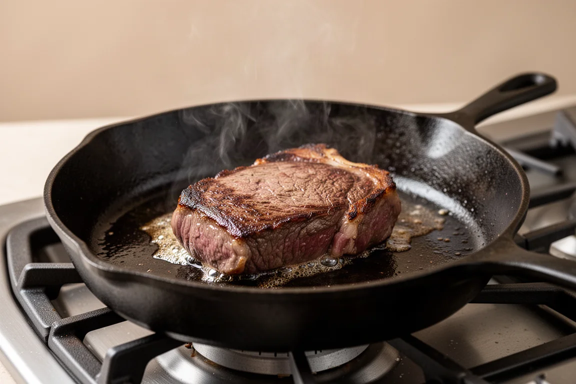 Cast iron skillet searing a steak on a stovetop with gentle steam rising
