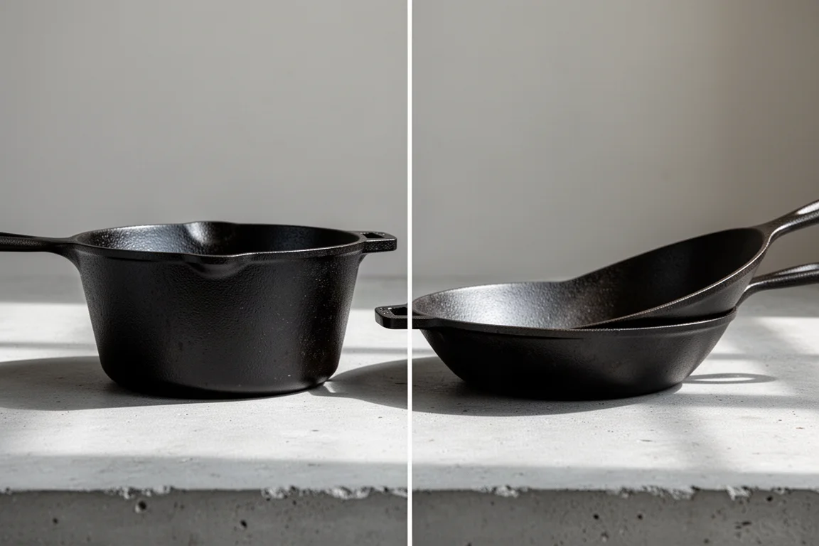Side view comparing the tall vertical walls of one skillet with the sloped walls of another