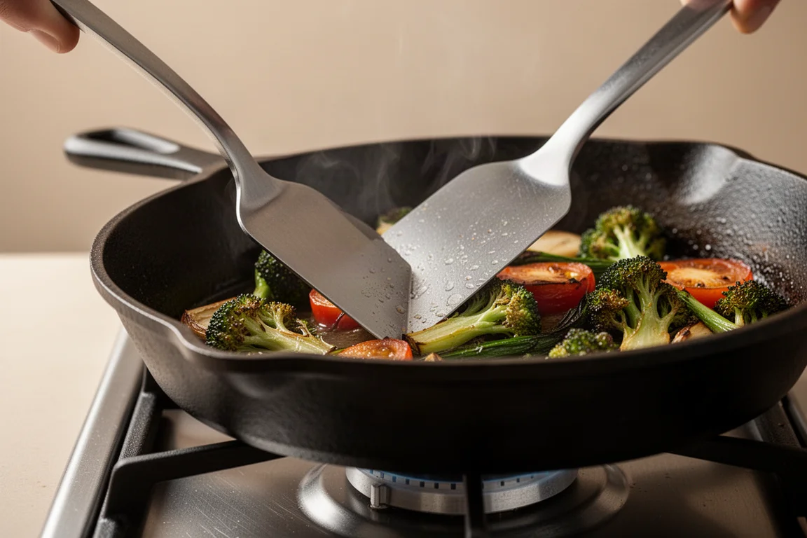 A hand sliding a metal spatula under food in a sloped-wall cast iron skillet