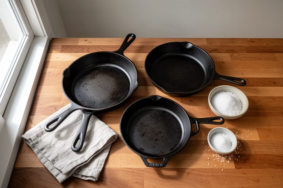 Overhead view of two cast iron skillets on a kitchen counter with a folded towel