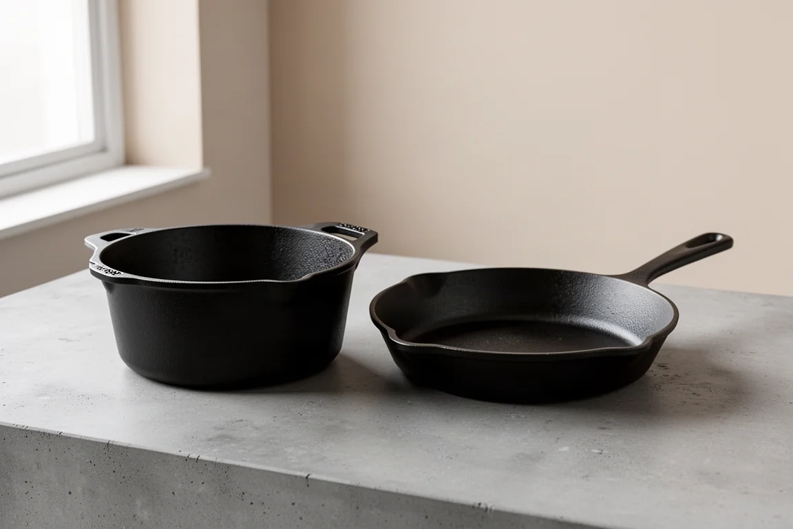 Two Lodge 12-inch cast iron skillets side by side on a concrete kitchen surface