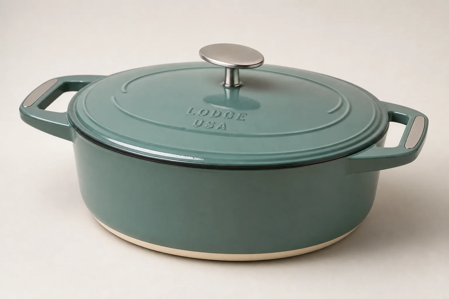 Collection of nine Dutch ovens in various colors and finishes arranged on neutral backdrop