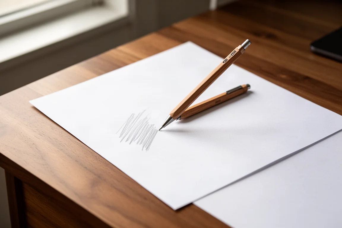 Hand schrijft vloeiend op wit papier met een slank vulpotlood