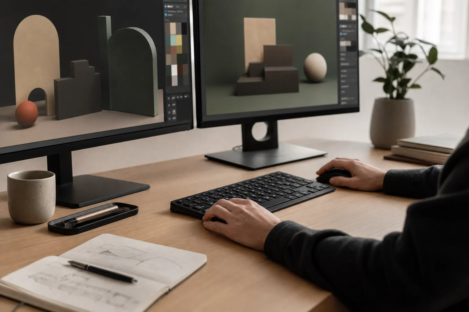 Professional designer working at desk with dual monitors and design software