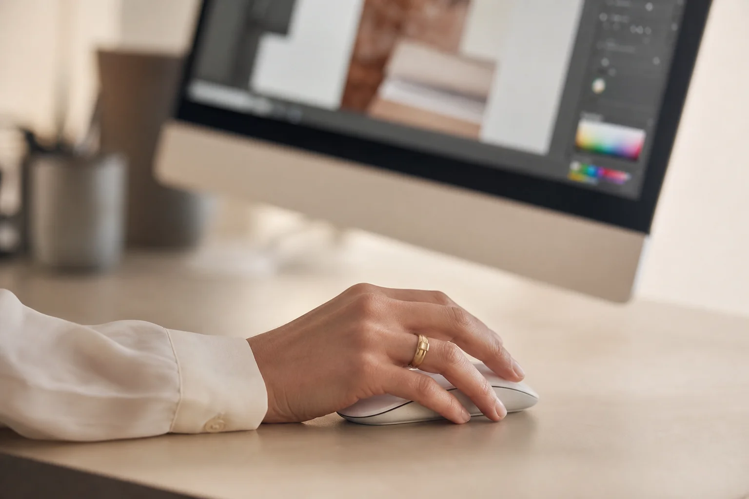 Close-up of hand using mouse with design software on screen