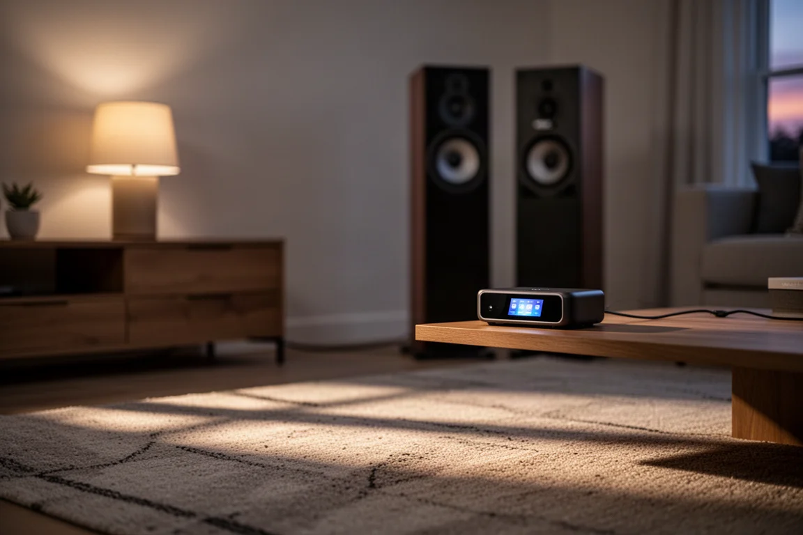 Streamer with glowing touchscreen on a shelf between floorstanding speakers at dusk