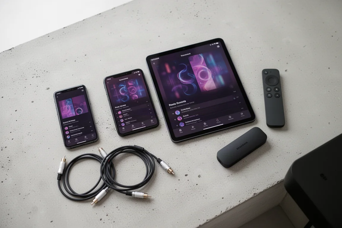 Flat lay of phone, tablet, cables and a slim streamer on a concrete surface