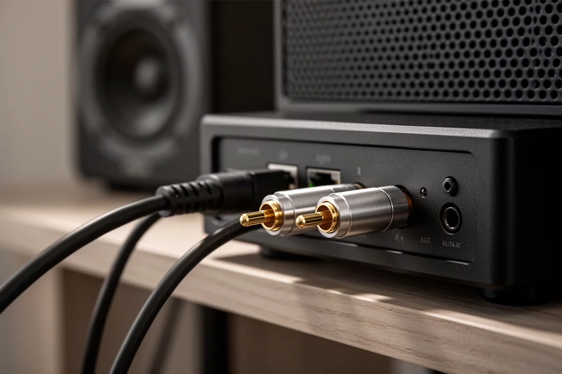 Close-up of network and optical cables plugged into the back of a compact streamer