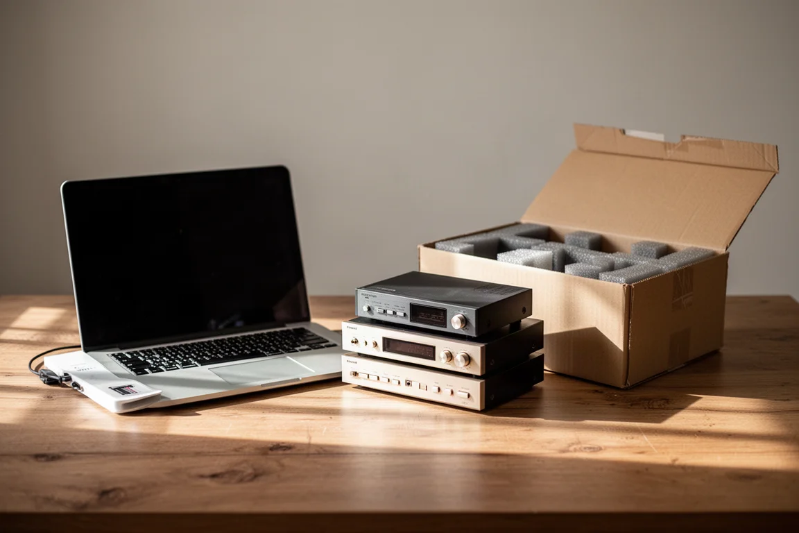 Laptop and used audio components on a wooden table beside an open box