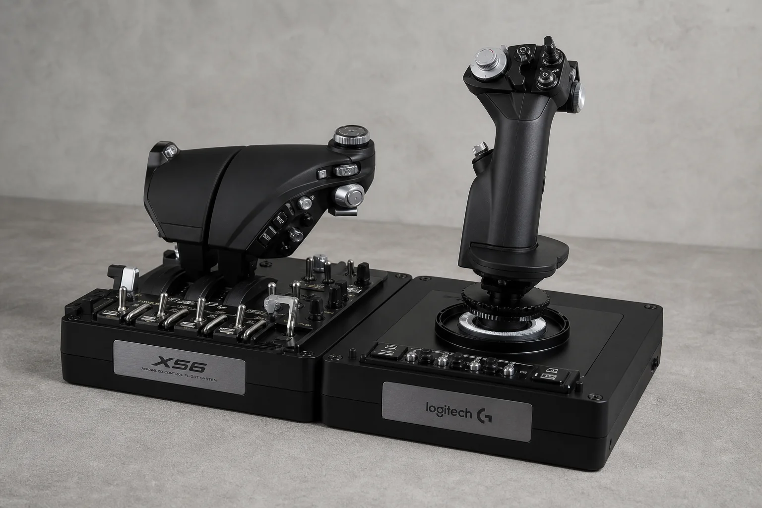 Contrôleur HOTAS pour simulation de vol sur un bureau avec un écran de cockpit en arrière-plan