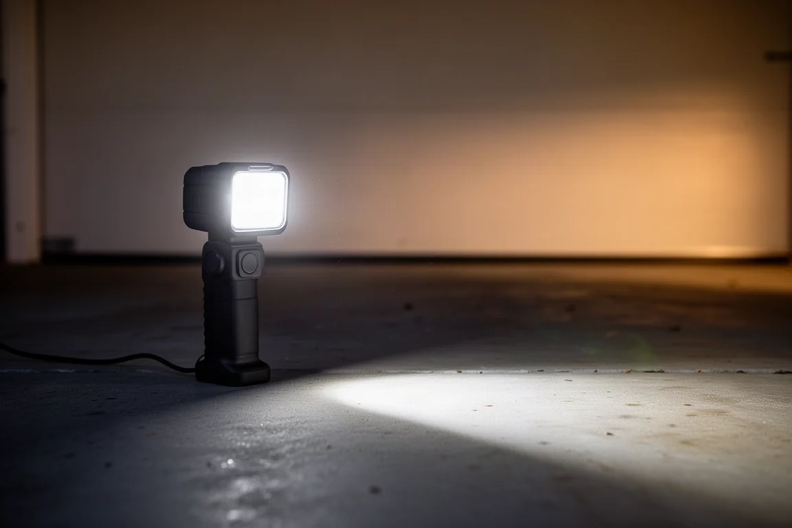 Lampa warsztatowa o jasności 400 lumens rzucająca jasny snop światła na ciemną podłogę garażu