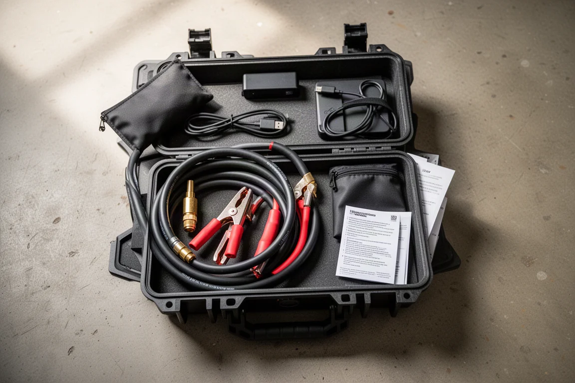 Maletín rígido de accesorios abierto con la manguera de aire, los cables de batería y una pequeña bolsa guardados ordenadamente