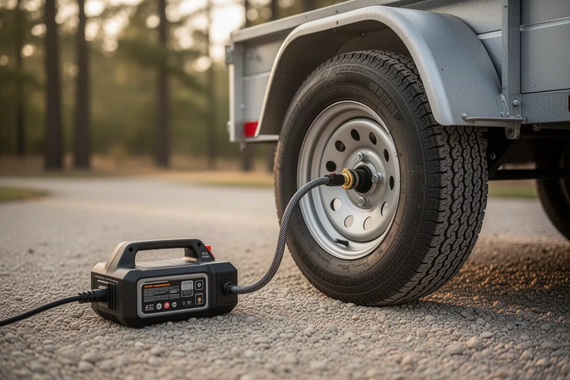 Inflador portátil conectado mediante una manguera de aire a un neumático de remolque en exteriores