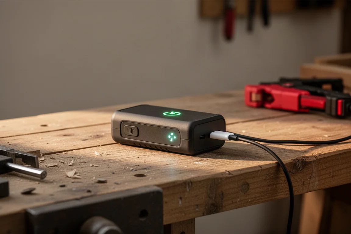 Batería de arranque recargándose vía USB-C en un banco de trabajo tras su uso