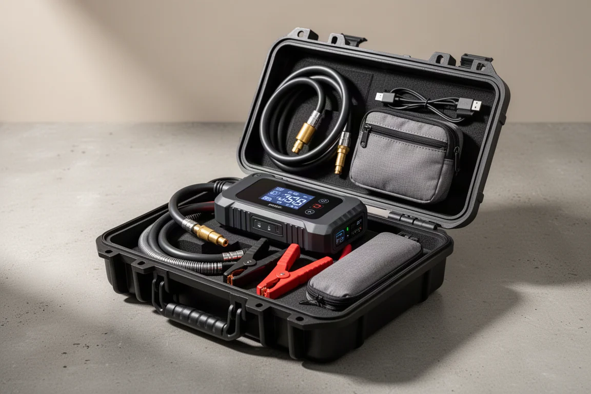 Avviatore portatile e valigetta accessori disposti su una superficie in cemento