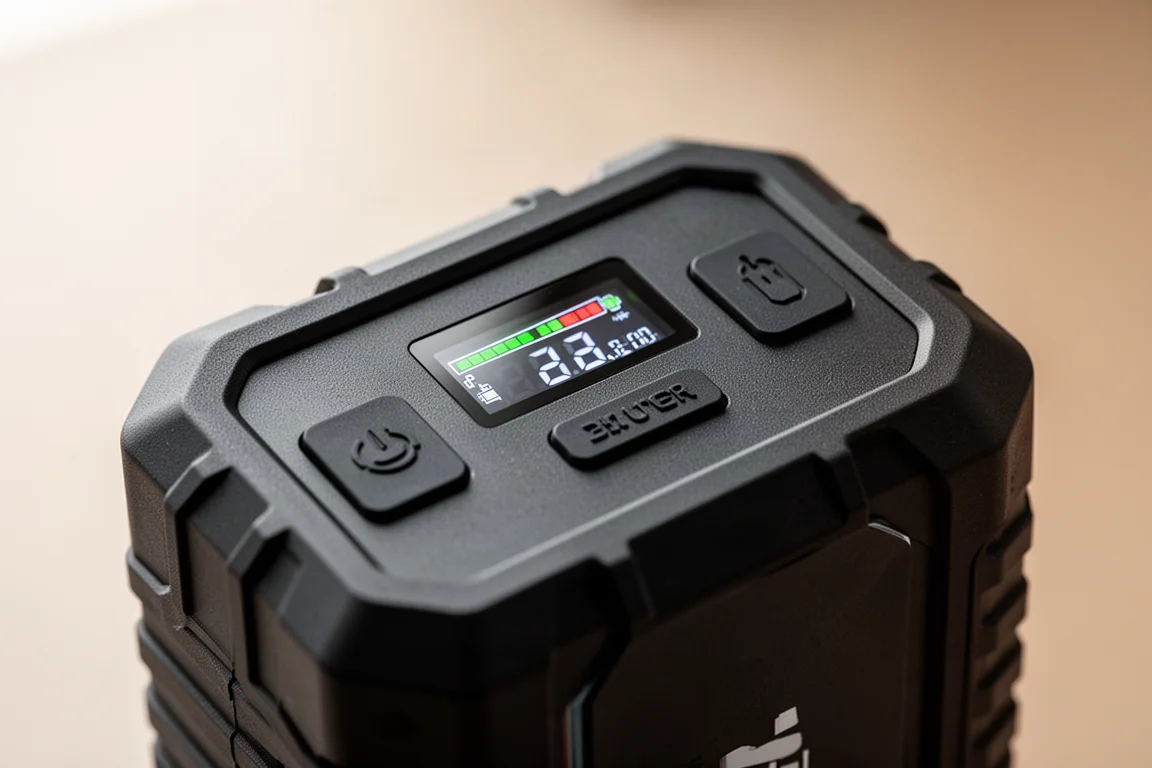 バッテリーレベルと操作ボタンを表示するLOKITHOR JPD400のLEDディスプレイのクローズアップ