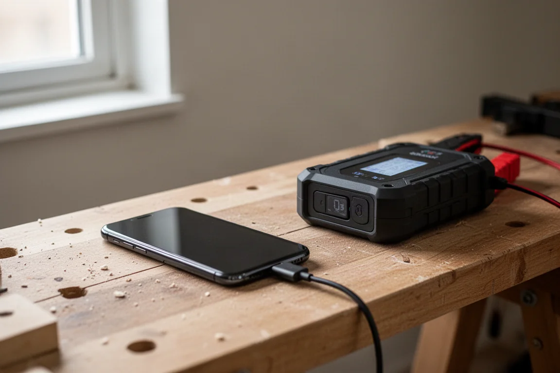 ジャンプスターターのUSBポートからスマートフォンを充電している様子