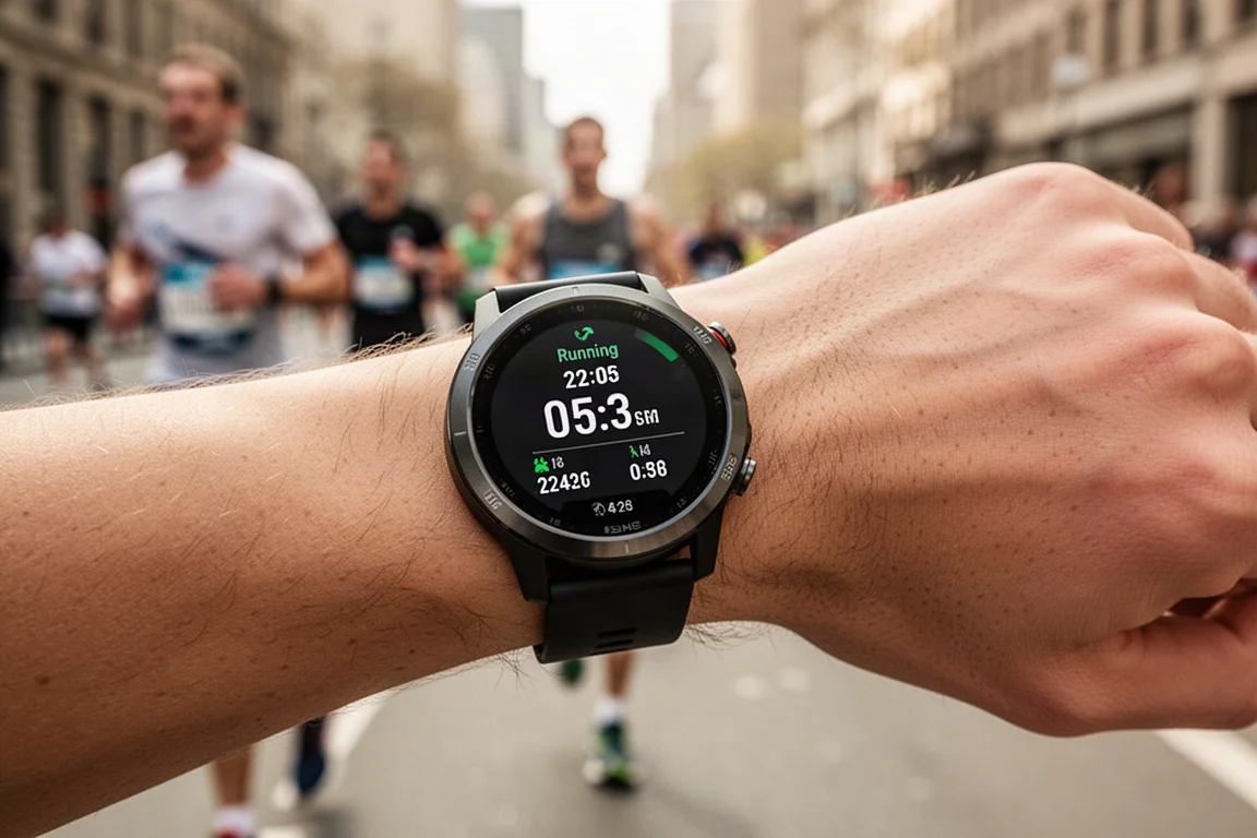 Biegacz sprawdzający tempo GPS na smartwatchu podczas miejskiego biegu