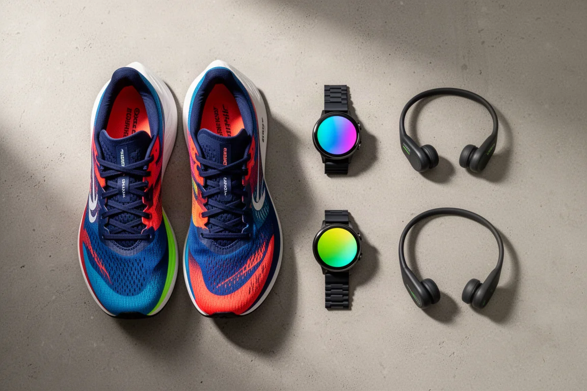 Flat-lay of racing shoes, smartwatches and open-ear headphones on concrete