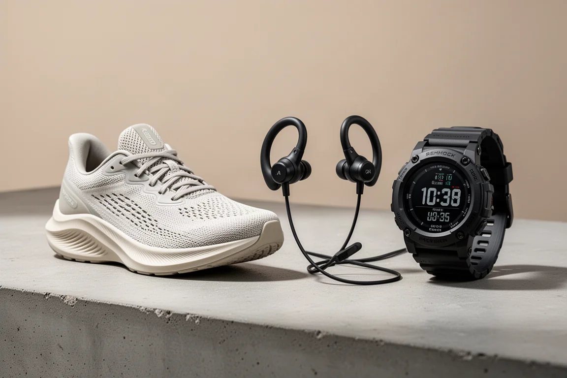 Running shoe, open-ear earbuds and rugged sports watch arranged on concrete
