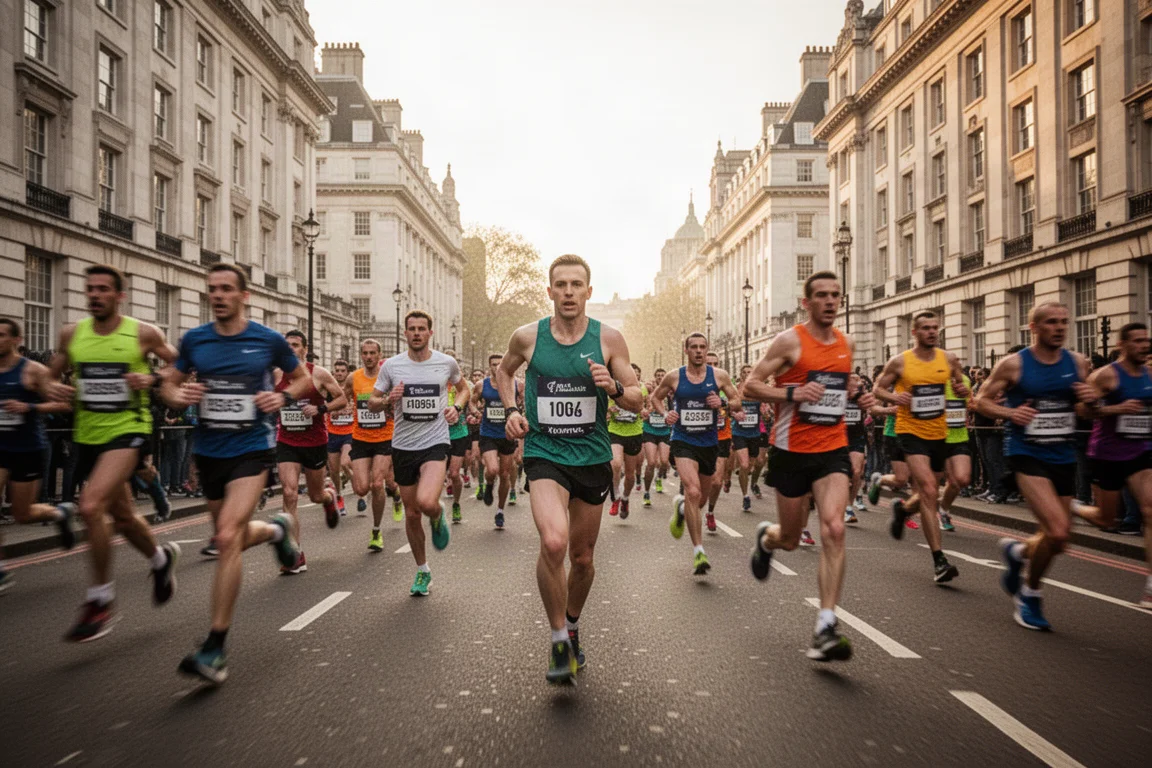 Runners racing through central London streets on a warm morning