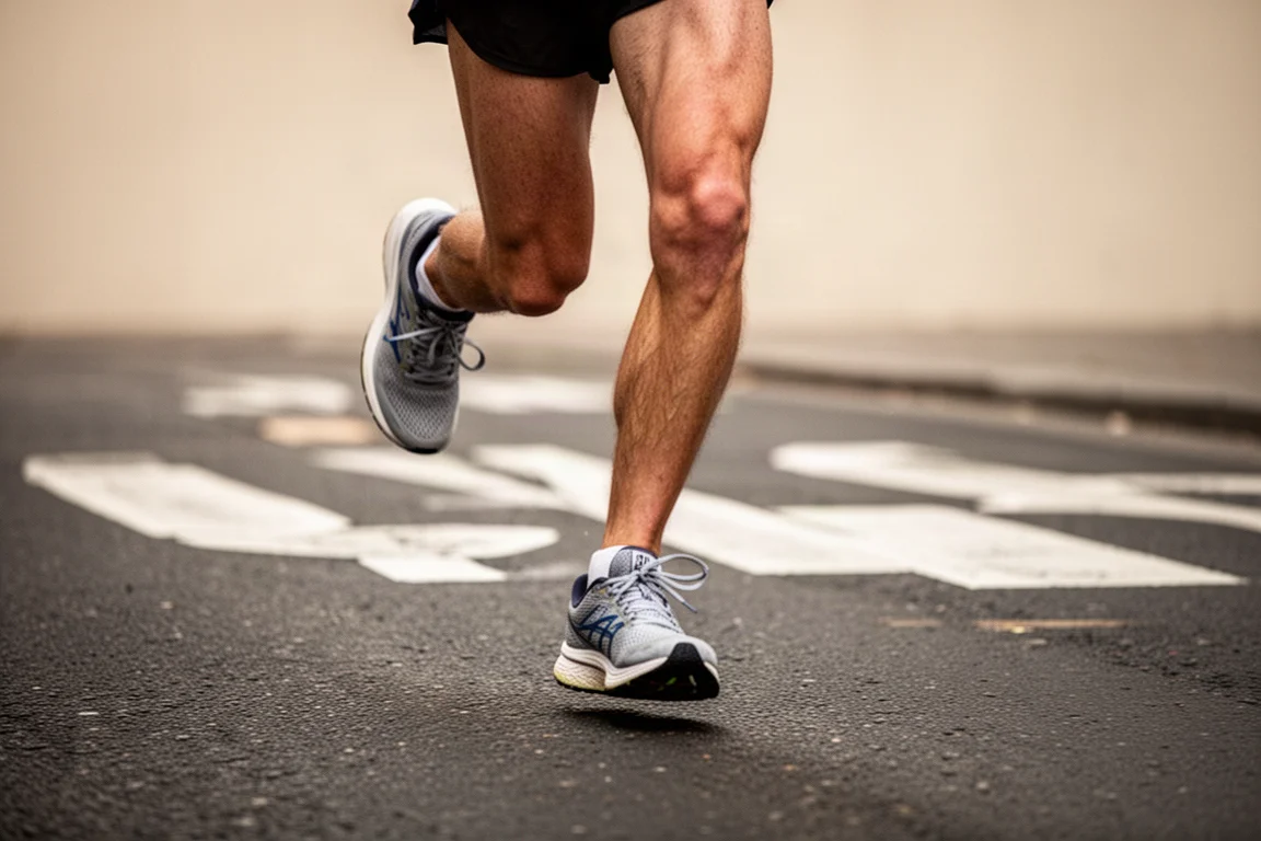Runner mid-stride on city tarmac during a hard 10K effort