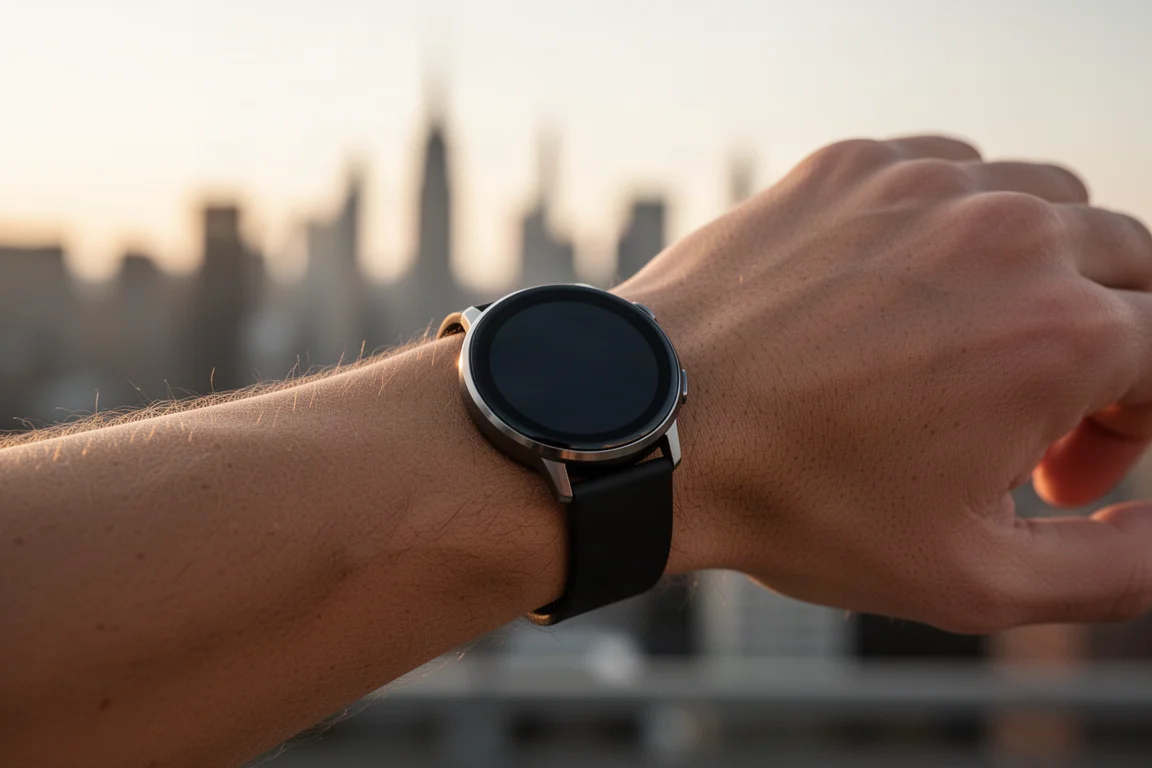 Wrist-worn sports watch showing a race against a city skyline backdrop
