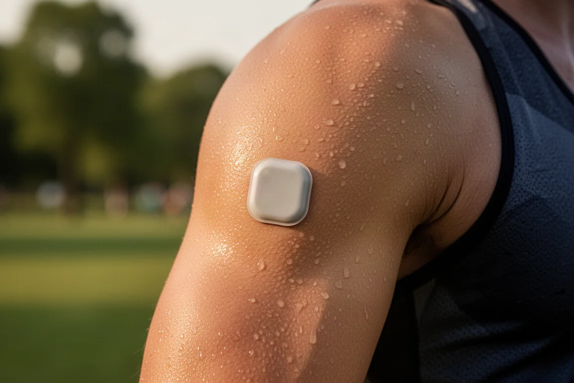 Hydration sensor patch being applied to a runner's upper arm