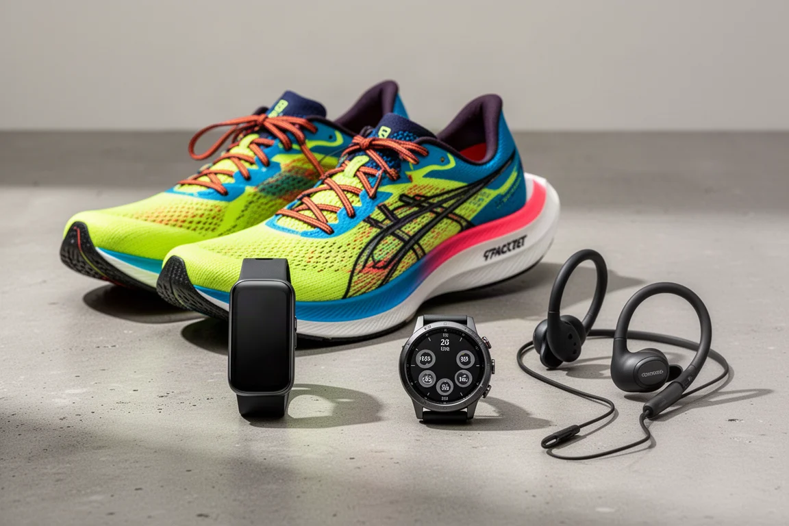Running shoes, GPS watches, open-ear headphones and a hydration sensor arranged on concrete