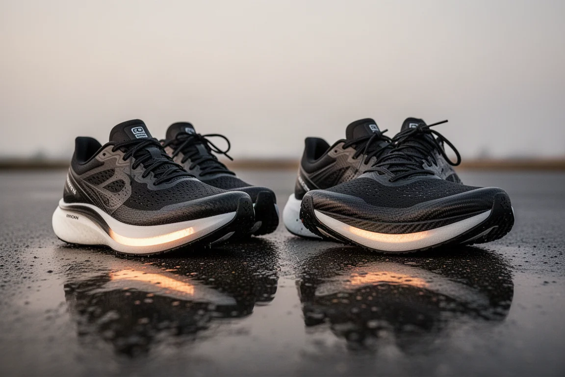 Nahaufnahme von Rennschuhen mit Carbonplatte auf nassem Asphalt vor einem Lauf