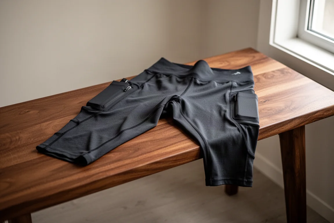Halbe Tights mit Aufbewahrungstaschen flach auf einer Holzbank ausgelegt