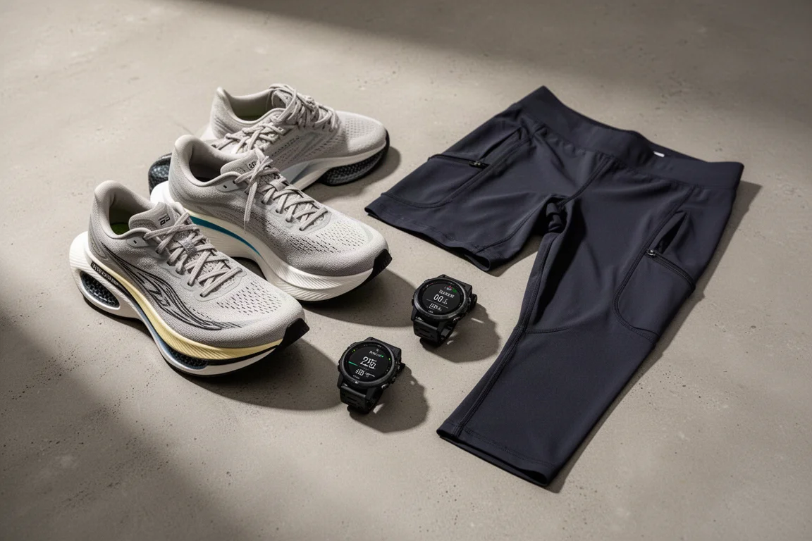 Running shoes, GPS watches and half tights arranged on a concrete surface