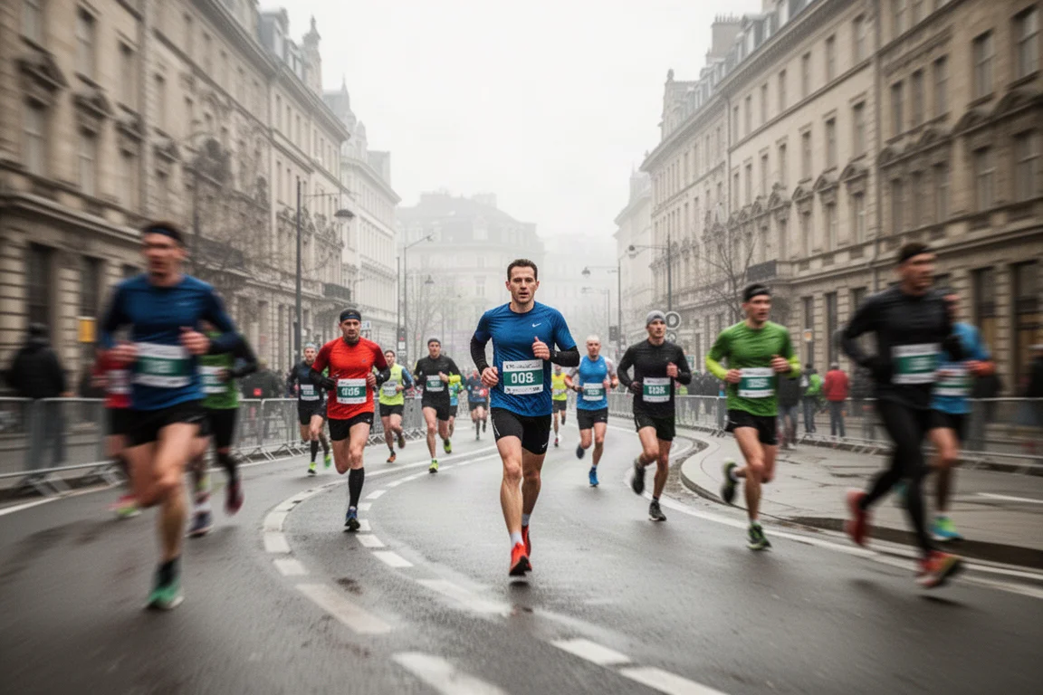 Corridori che percorrono il percorso cittadino di una mezza maratona in una mattina fresca