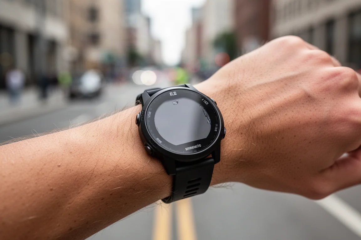 Orologio sportivo GPS al polso di un corridore durante una corsa in città