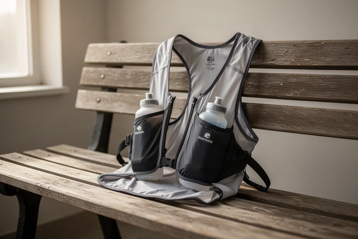 Gilet da gara leggero con morbide borracce appoggiato su una panchina di legno dopo la corsa