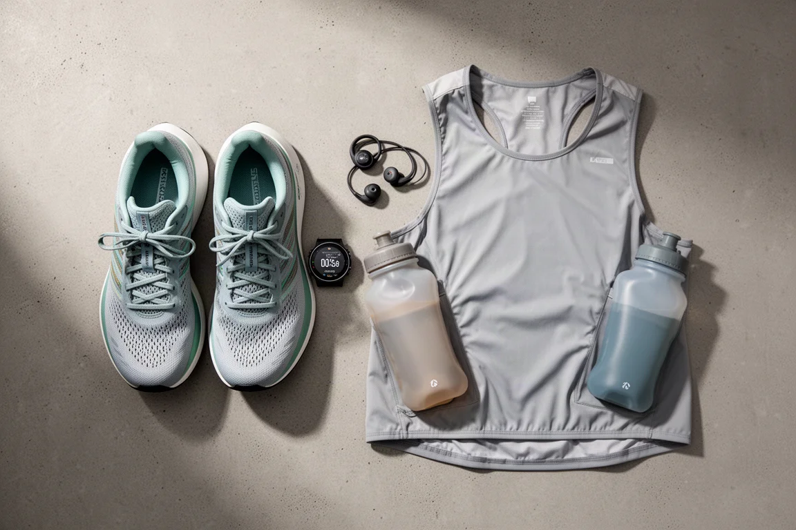 Flat-lay of running shoes, sports watch, earbuds and race vest on concrete