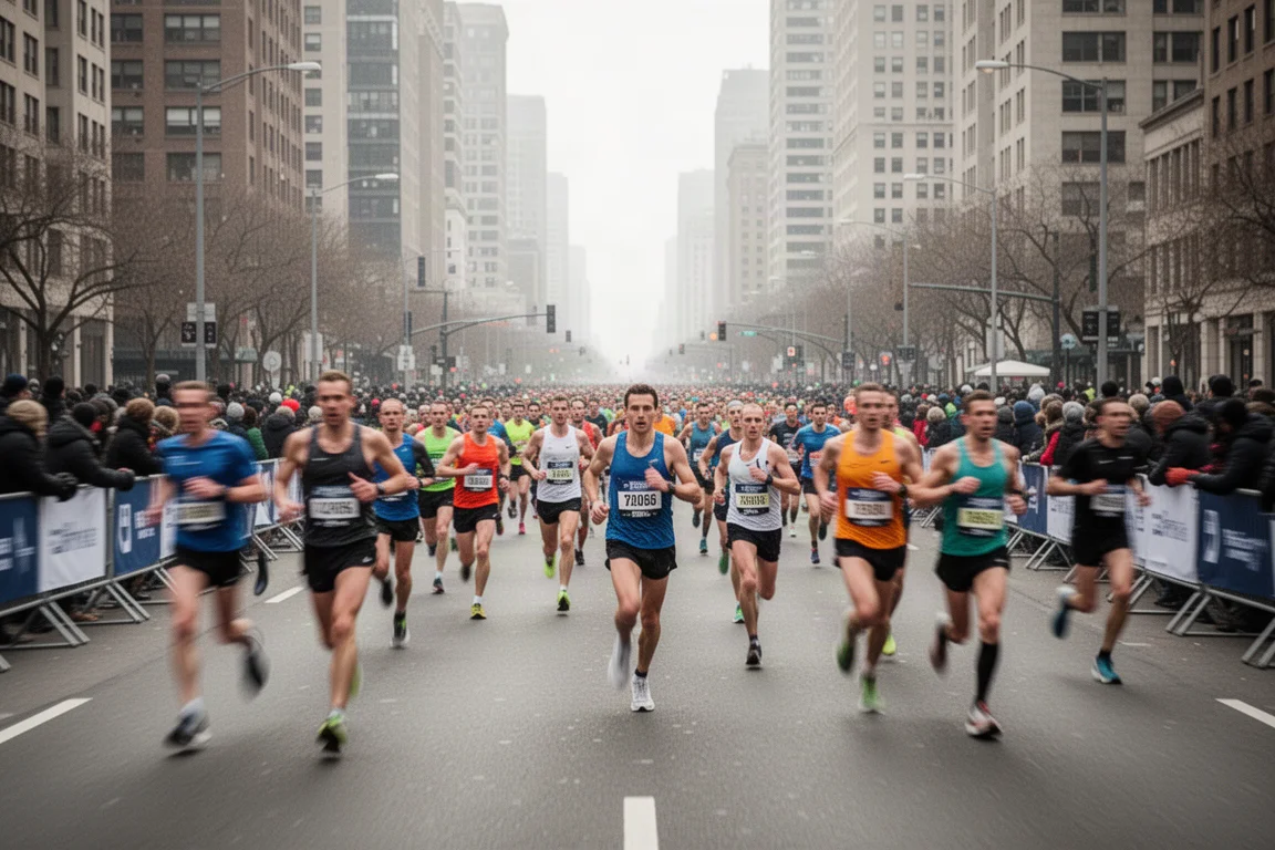 Coureurs se frayant un chemin dans une rue bondée lors d'un marathon urbain par temps doux et nuageux