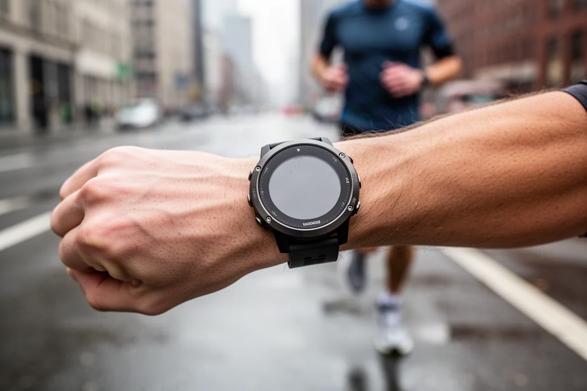 Montre sportive GPS au poignet affichant l'allure lors d'une course en ville