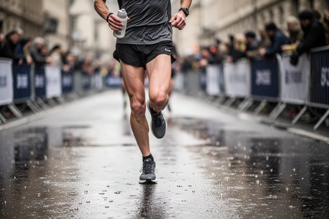 Coureur faisant le plein d'énergie avec une soft flask lors d'une longue course sur route