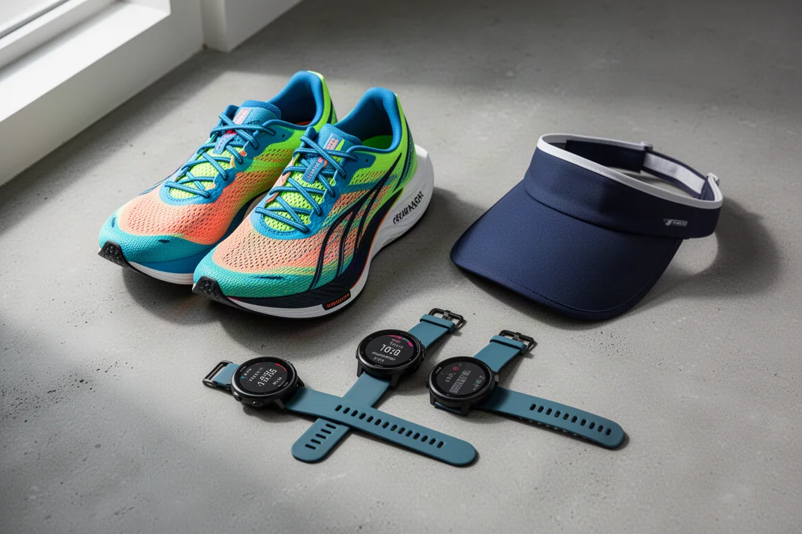 Marathon running gear flat-lay with racing shoes, GPS watches and a visor