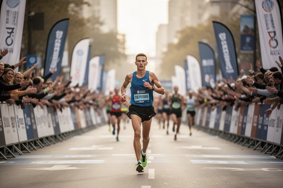 Marathon runner racing through a crowded city street lined with cheering spectators