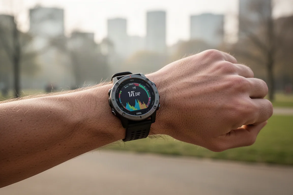 Runner checking pace on a wrist-worn GPS watch during a long training run
