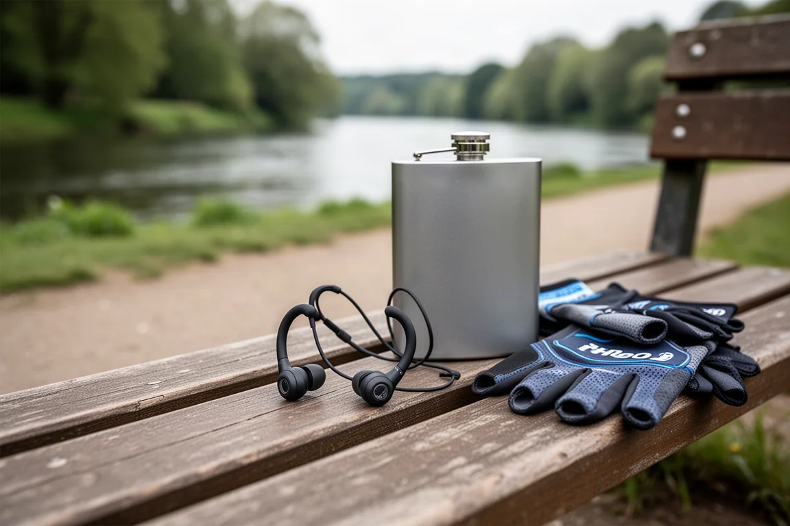 Open-ear clip-on headphones resting on a park bench beside a water bottle