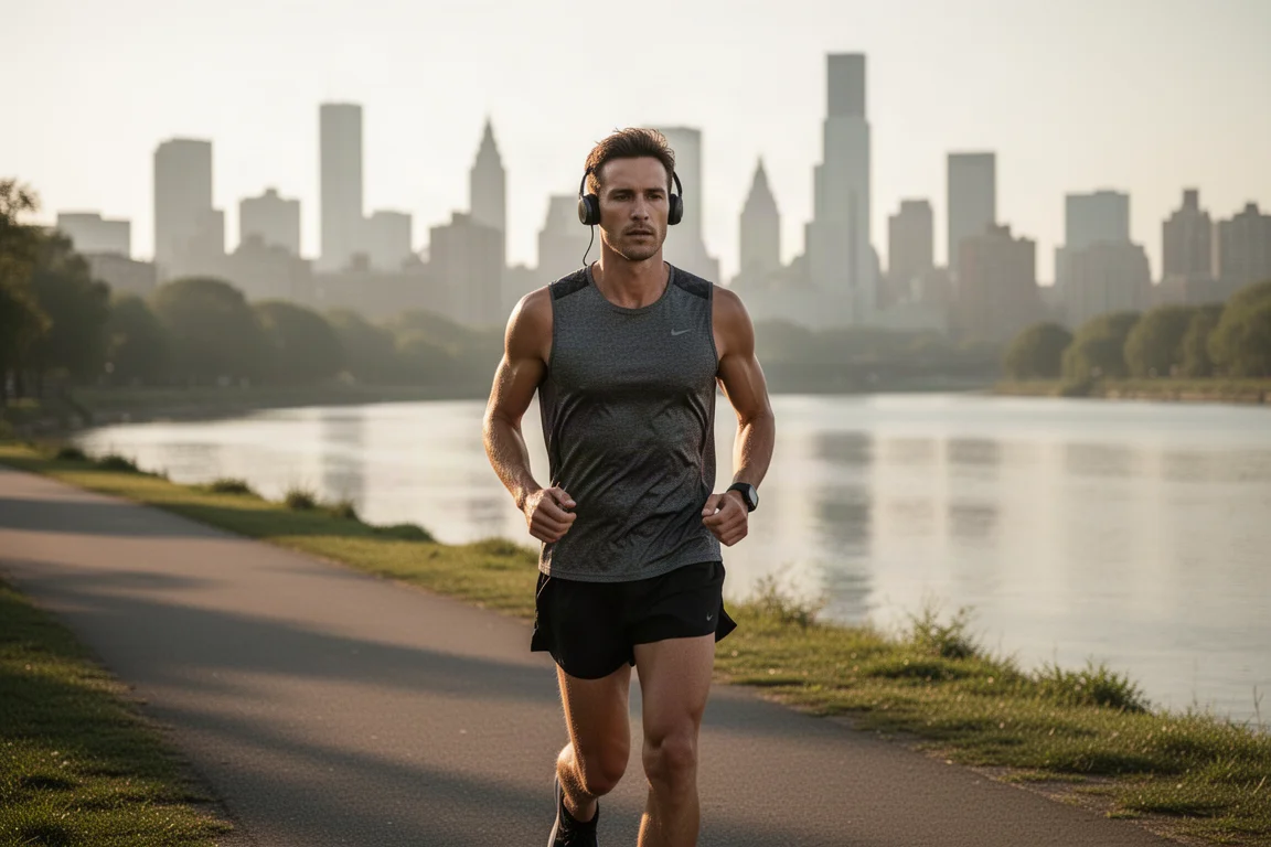 Runner walking along a river path after a race wearing open-ear headphones