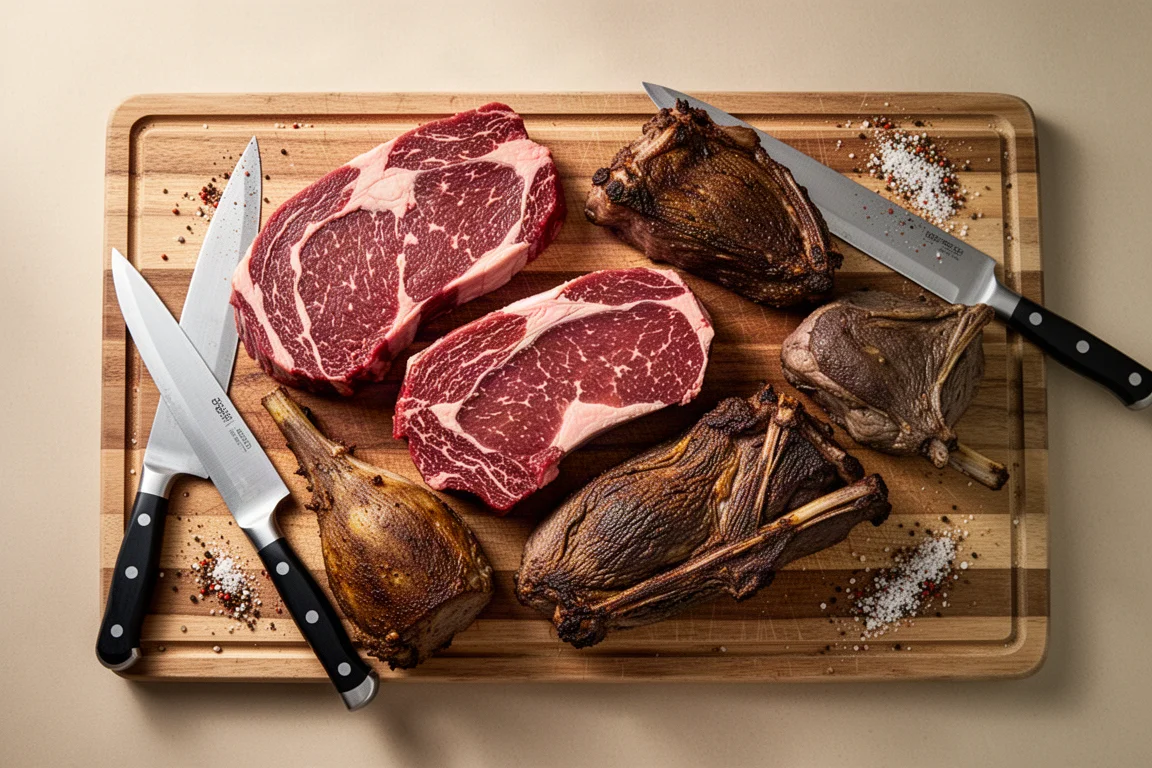 Épais entrecôtes et morceaux de bison disposés sur une planche à découper, assaisonnés pour la cuisson au barbecue