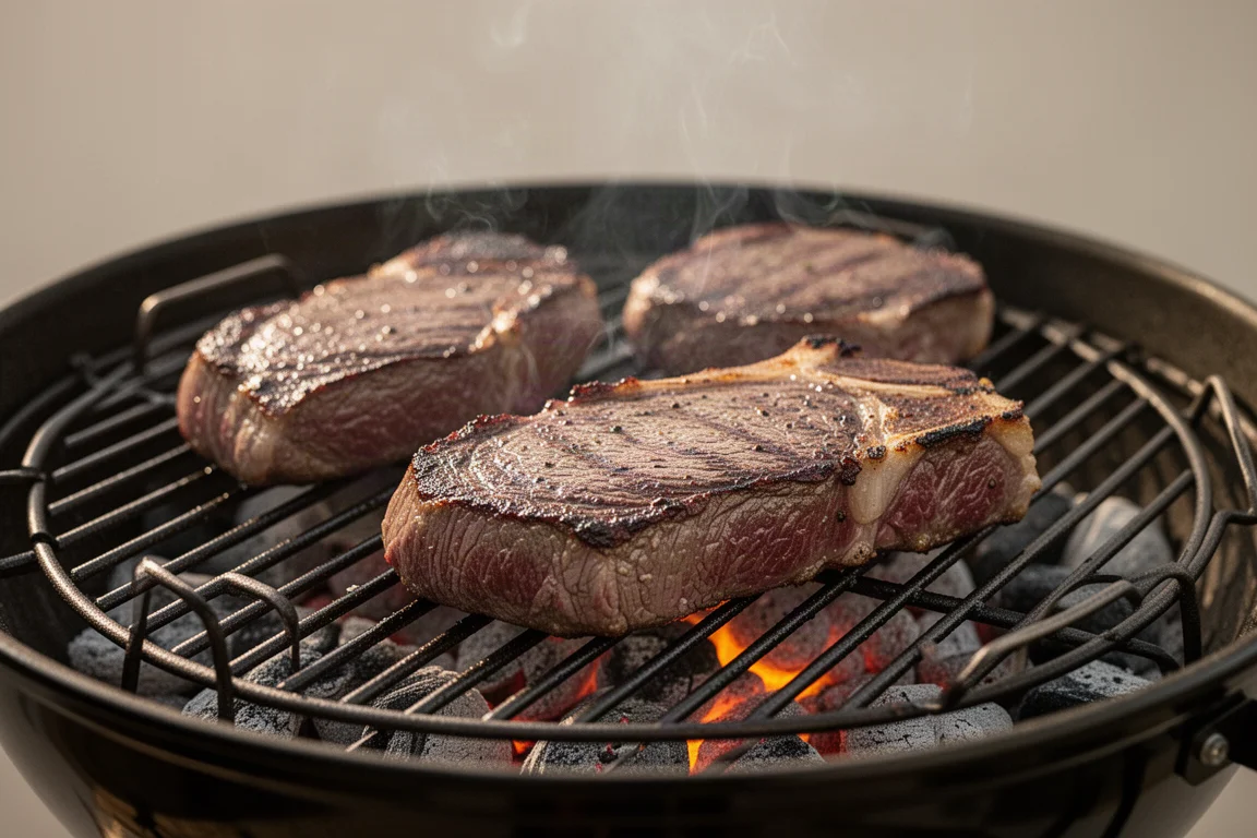 Steaks saisis sur la grille d'un barbecue au charbon avec une légère fumée qui s'élève
